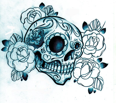 Mexican Sugar Skull Tattoo Drawing With Sketched Roses