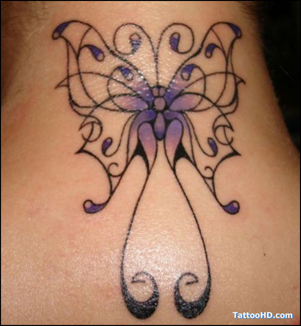 Exotic Swirly Purple Monarch Butterfly Neck-Tattoo Ideas for Women