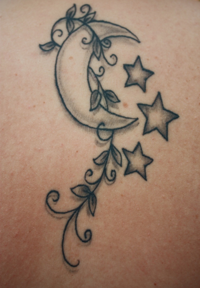 Simple Moon And Stars Angel Tatoo Design