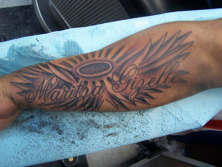 Name And Shades Arm Tattoo Design For Men