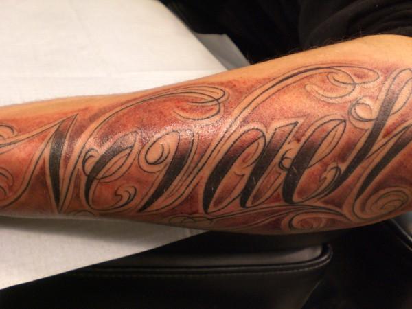 Awesome Shades Name Tattoo Design On Arm