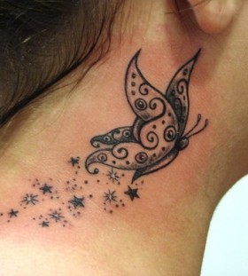 Butterfly And Stars Tattoos For Neck
