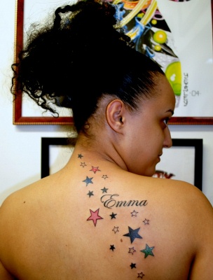 Stars Tattoos at Upper Back for Girl