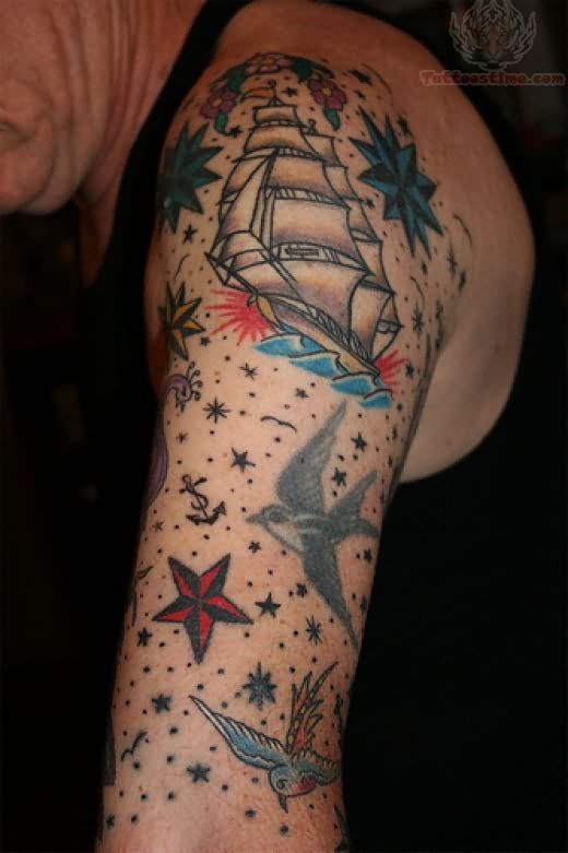 Ship Star Bird Tattoo Designs For Men