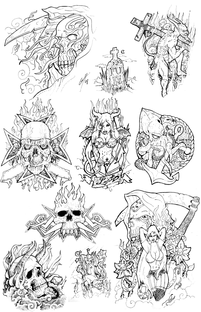Old School Latin Style Evil Skull Tattoos Sketch