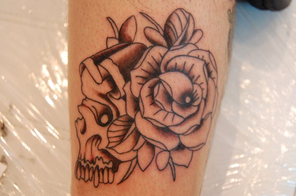 Skull And Rose Traditional Old School Tattoo by Amy Savage