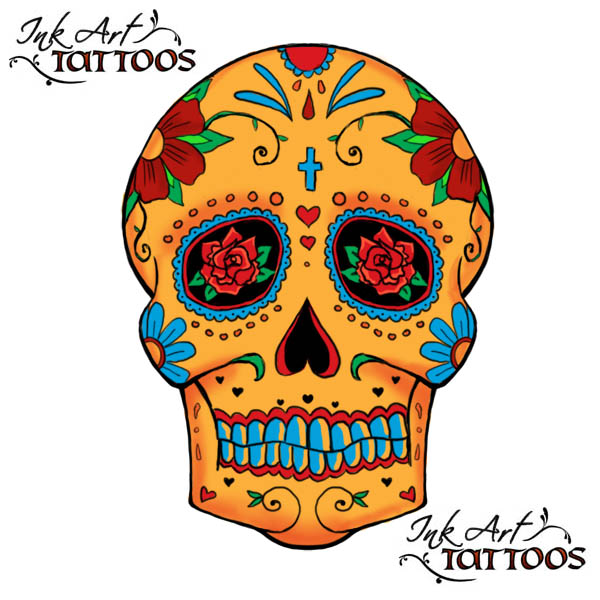 Colorful Old School Skull with Flower Tattoo Sketch Design