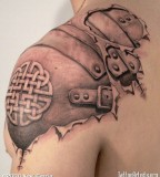 Awesome Realistic Over-the-Shoulder Tattoo of Armory for Men