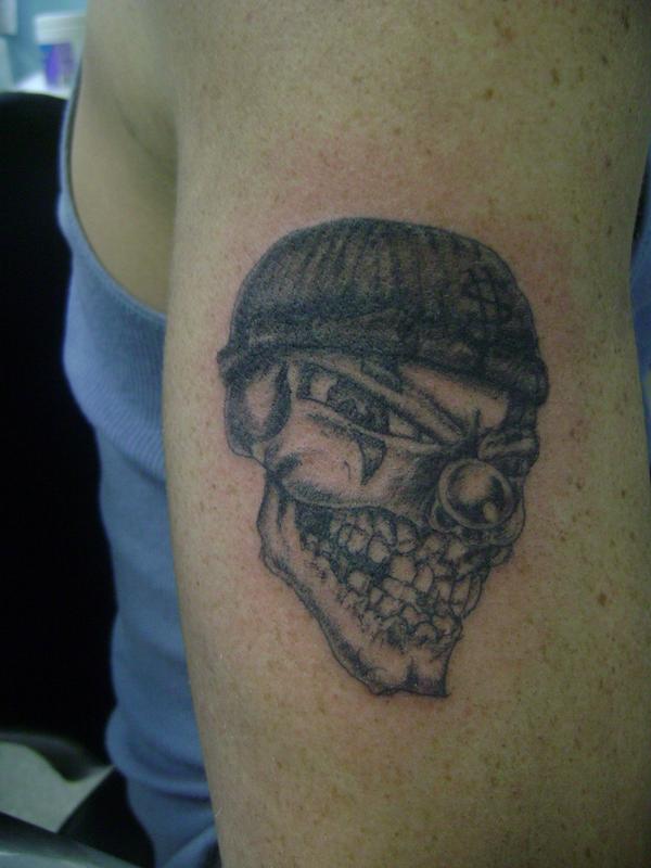 Skull Bandit with Hood Biceps Black and White Tattoo