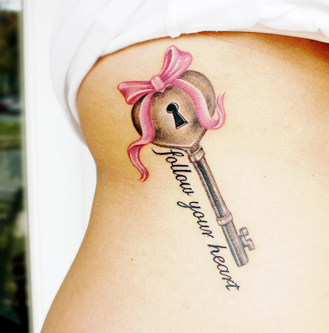 Upper Abdomen Heart Lock with Pinky Ribbon Tattoo
