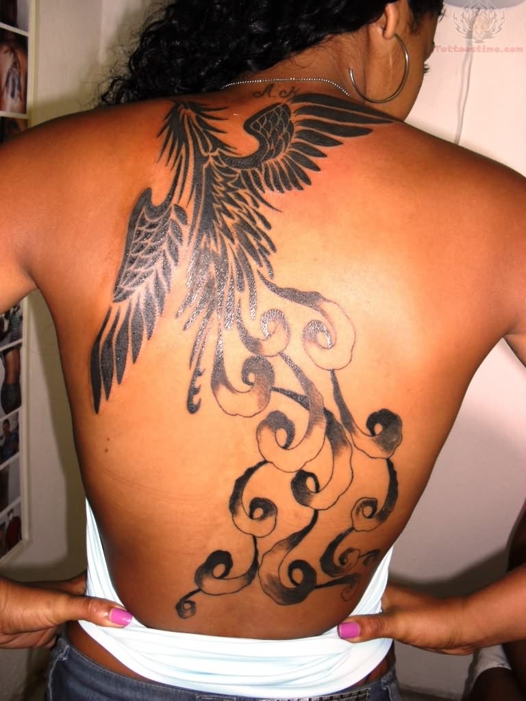 Black Phoenix Full Back Tattoo For Girls