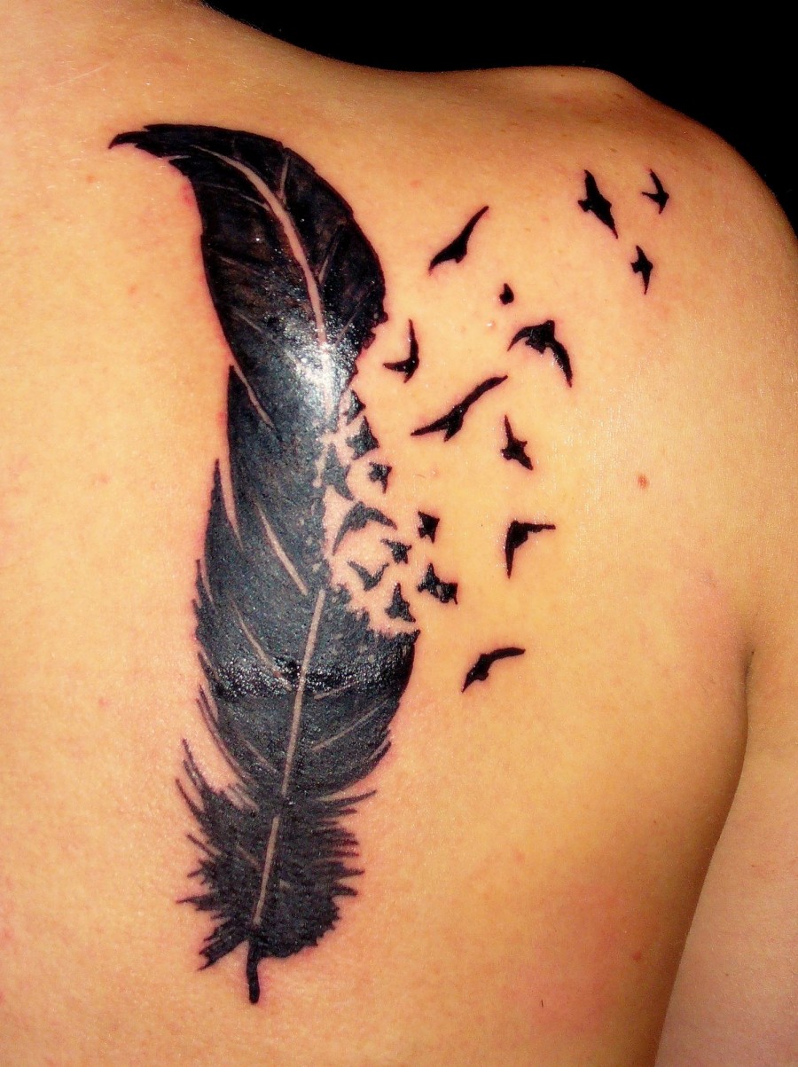 Feather Bird Tattoos on Back for Women