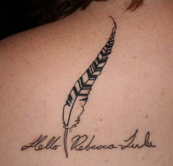 Feather and Lettering Tattoo Design on Back