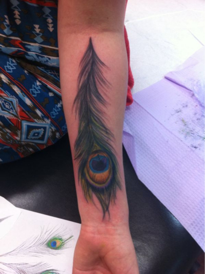 Awesome Peacock Feather Tattoo Design on Inner Arm
