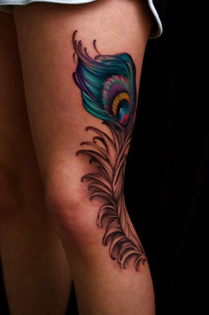 Awesome Peacock Feather Tattoo Design on Leg