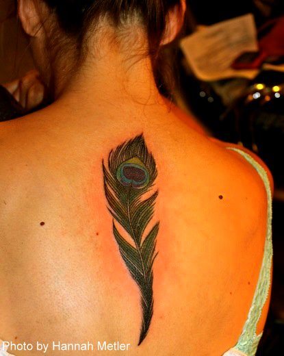 Sexy Girl with Peacock Feather Tattoo on Back