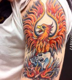 Grim Red Blue Left Arm Phoenix Tattoos