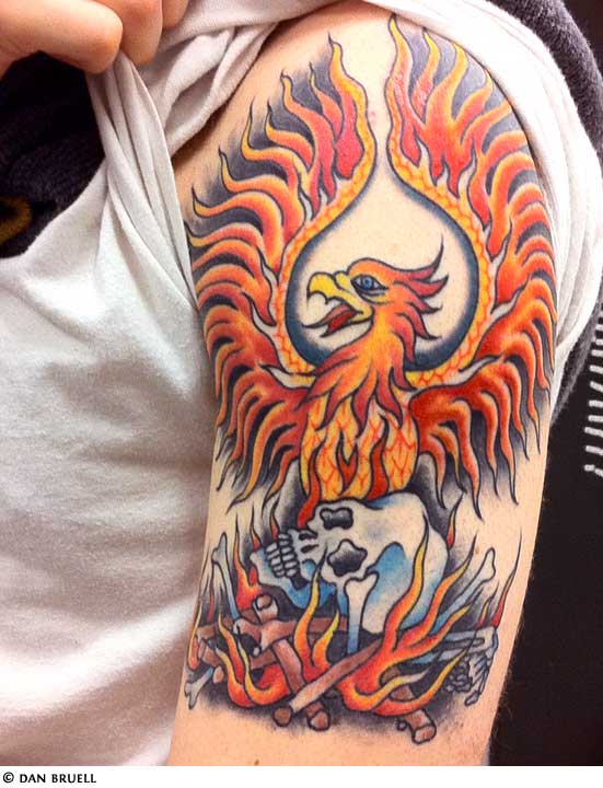 Grim Red Blue Left Arm Phoenix Tattoos