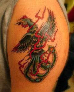 Red Green Phoenix Arm Tattoo
