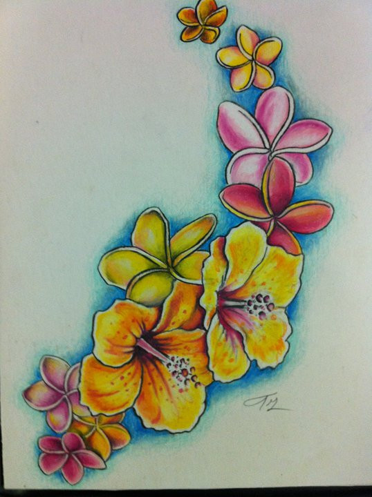 Colored Hibiscus And Plumeria Tattoo By Lilmrsfrankenstein