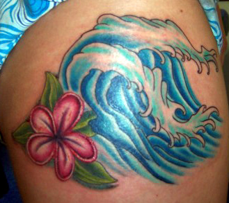 Blue Wave And Plumeria Tattoo
