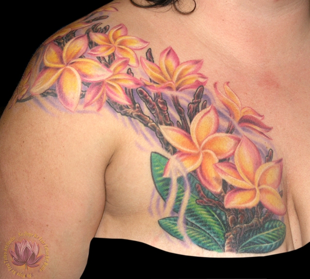 Plumeria Tattoo Design on Right Chest to Shoulder