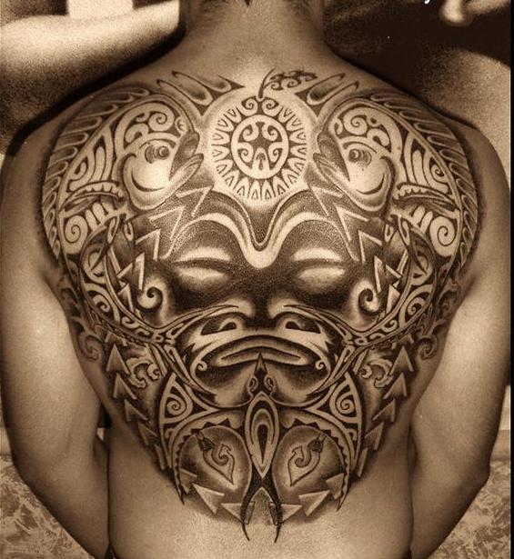 polynesian whole back tribal tattoo