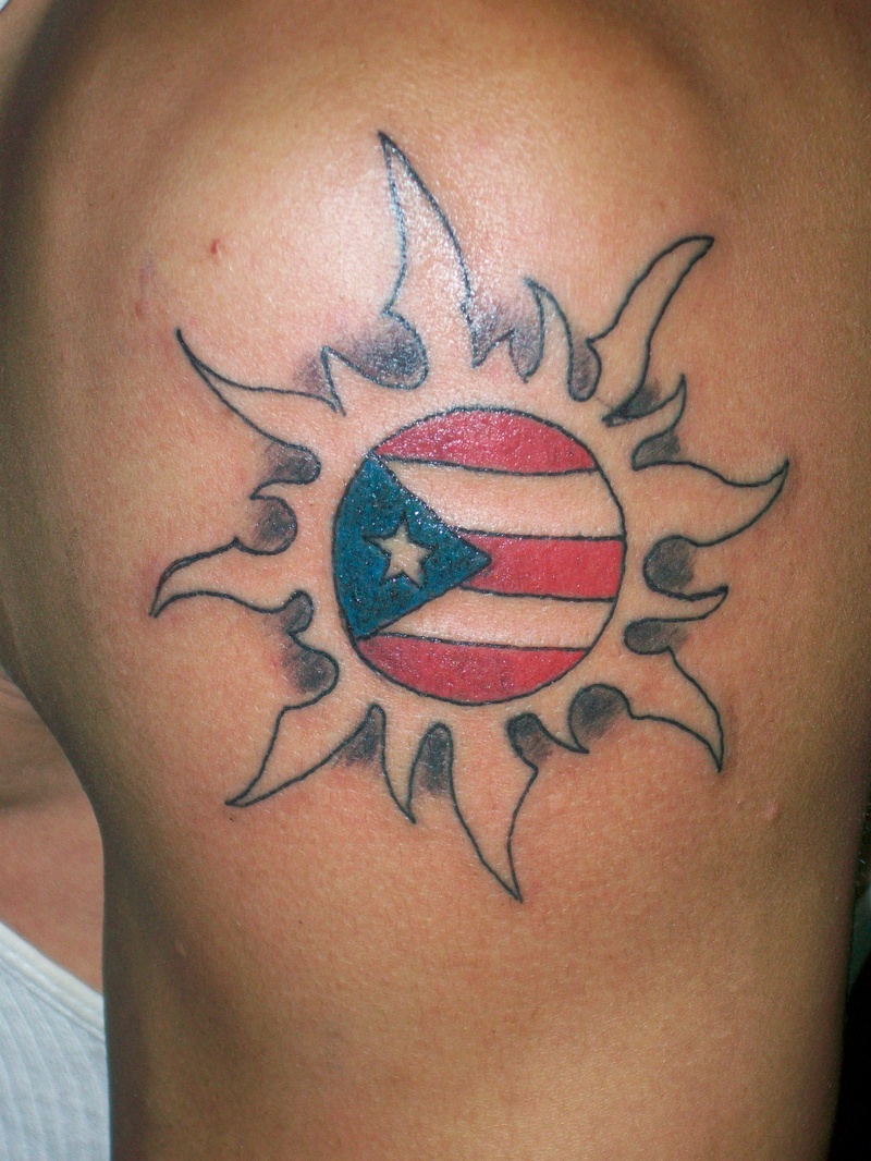 Cool Puerto Rican Flag Sun Tattoo on Men Upper Arm