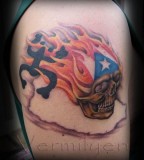 Puerto Rican Flag on Flaming Skull Tattoo on Upper Arm