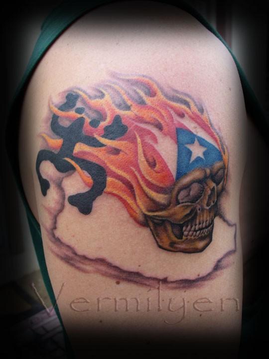 Puerto Rican Flag on Flaming Skull Tattoo on Upper Arm