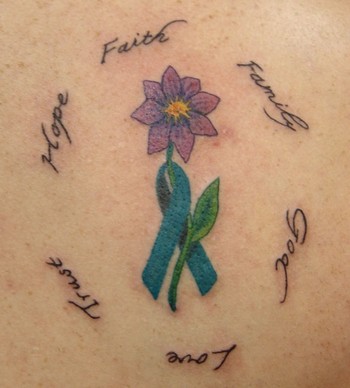 Blaze Schwaller Tattoos Purple Flower And Cancer Ribbon Tattoo