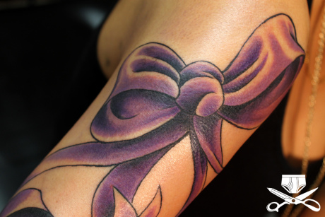 Beautiful Ribbon Purple Tattoo Design For Girls