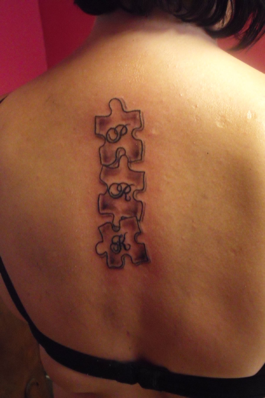 PRK Initial on Puzzles Men Back Tattoo Design By Blotsven