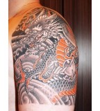 Black Orange Dragon Quarter Sleeve Tattoo