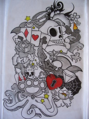 Card Skull Tattoo Sleeve Design Sketch
