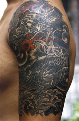 Tattoos Troy Denning Black And Grey Dragon Quarter Sleeve