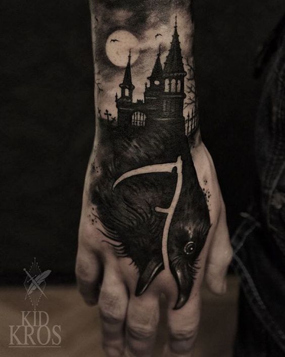 raven-and-haunted-house-halloween-tattoo-by-kid-kros