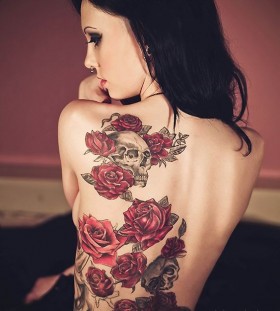 red rose and skull flower tattoo on back