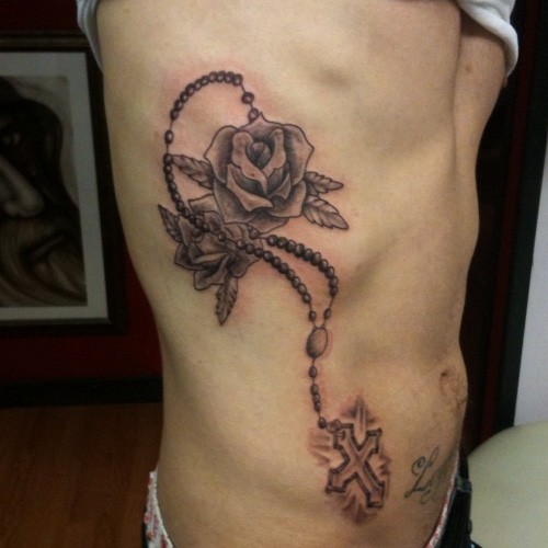 Awesome Rib Tattoos Flower and Cross For Men