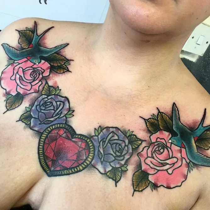 rose and heart chest tattoos for women