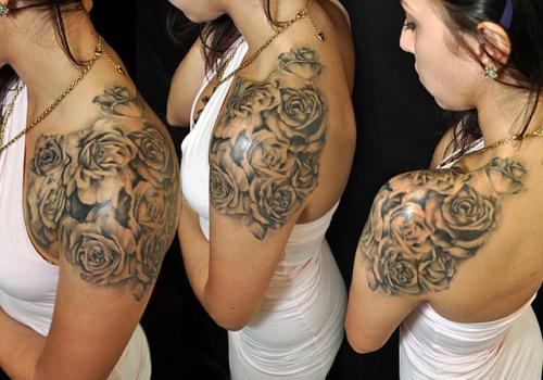 Beautiful Black Blooming Roses Shoulder / Upper-arms Tattoos for Women