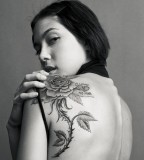 Beauty Lady with Exotic Rose Flower Tattoos on Back Shoulder - Tattoos for Women