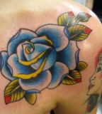 Beautiful Blue Rose Flower Shoulder Tattoo Design for Women