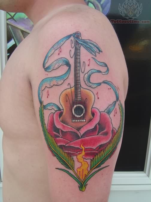 Guitar and Roses Flowers Tattoo Design On Shoulder for Men - Flower