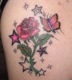 Sparkling Red-Rose Flower and Butterfly Shoulder Tattoo for Women