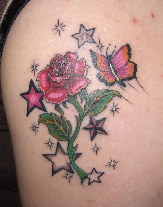 Sparkling Red-Rose Flower and Butterfly Shoulder Tattoo for Women