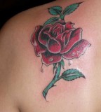 Lovely Medium-sized Red Rose Shoulder Tattoo Design for Women