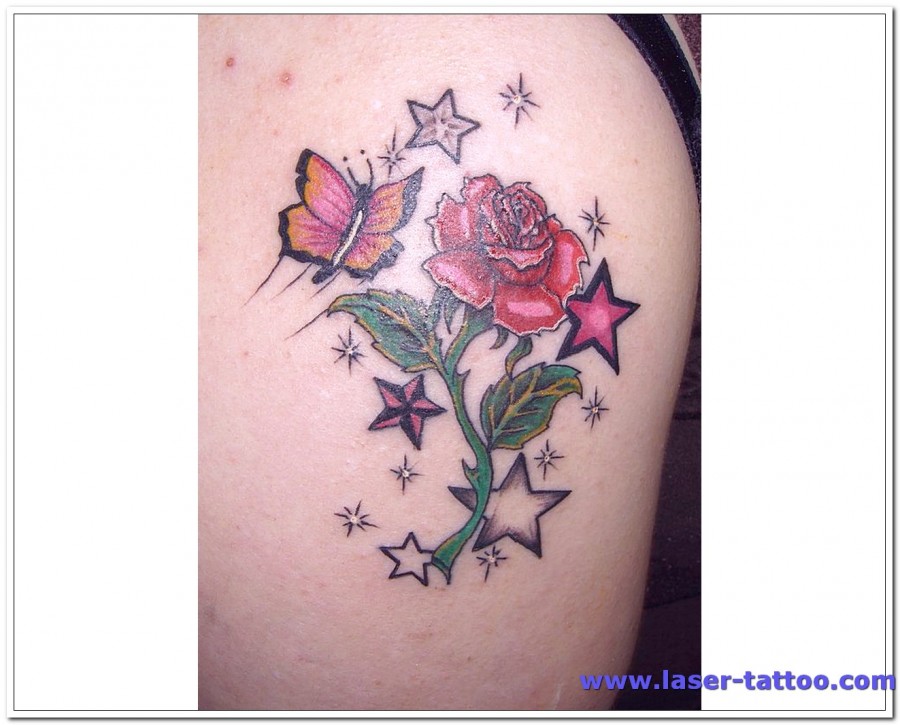 Red Rose Flower and Butterflies Shoulder Tattoo Design for Women