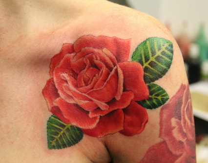 Blooming Red-Rose Flower Shoulder-Tattoo Design Ideas for Women
