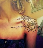 Gorgeous Rose Flowers and Quote Lettering Shoulder-Tattoo Design for Women